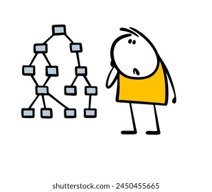 Confused stickman looks at a complex diagram. Vector illustration of a man making up a family tree. Boy is trying to understand the relationship between the chip and the infographic. 