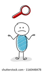 Confused stickman with magnifier (search) icon. Vector.