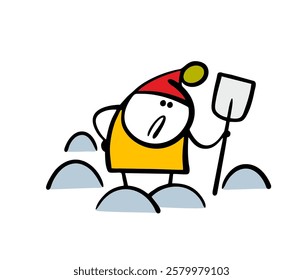 Confused stickman in winter clothes holds a shovel and looks at large snowdrifts. Vector illustration of  boy upset, does not want to remove snow from the road. Isolated funny character on white.