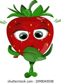 Confused strawberry hides behind a leaf