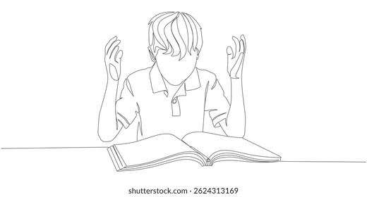  Confused Student Boy Reading Book – One Line Drawing of Learning Frustration