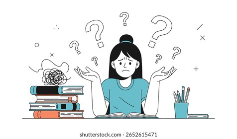 Confused student struggling with difficult studies and complex concepts surrounded by books and unanswered questions on a desk with art supplies