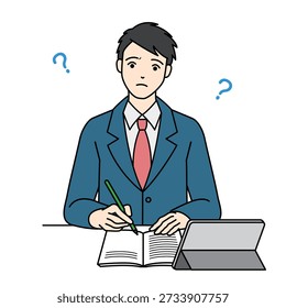 Confused student studying with tablet and question marks