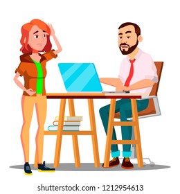 Confused Student Takes An Exam To Angry Teacher Vector. Isolated Illustration
