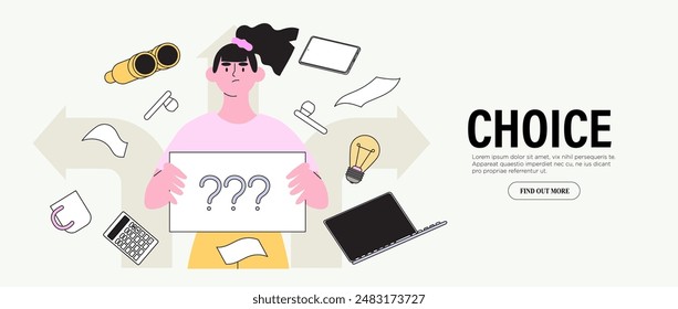 Confused student teen at crossroad sign hold question mark think which way to go vector illustration. Decision making, career or educational path, work direction. Choose right way to success concept.