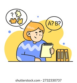 Confused Student Thinking About Exam Answers. Vector Illustration of Person with Puzzle Pieces and Multiple Choice Options
