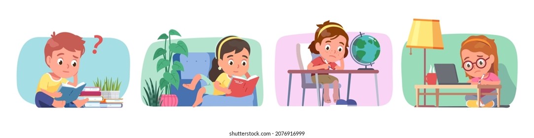 Confused students kids having difficulties doing homework, learning, studying set. Discouraged boys girls questioning. Sad children read, think hard at home. Education problem flat vector illustration
