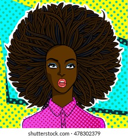 Confused or surprised african american woman face in pop art comics style.