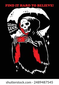 Confused and Surprised Grim Reaper Playing Game on phone T-shirt Character Design Illustration