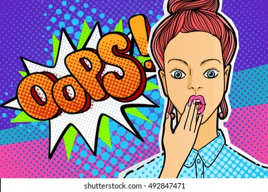Confused or surprised woman face in pop art comics style with OOPS word bubble. OOPS sign.