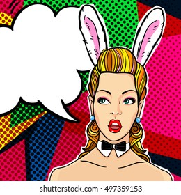 Confused or surprised woman face in pop art comics style with Bunny ears. Playboy blonde.