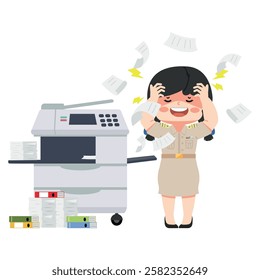 A confused teacher struggles with a broken office multifunction printer and copier