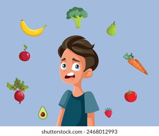 
Niño adolescente confuso que piensa en la ilustración sana de la caricatura del Vector de la alimentación. Adolescente infeliz que tiene capricho de comer quisquilloso y sin apetito de frutas y verduras 
