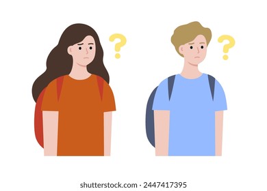 Adolescente confundido chico y chica. Estudiantes con signo de interrogación. Educación, resolución de problemas, idea, desafío, decisión, lluvia de ideas, concepto de solución. Ilustración plana del diseño del Vector del personaje de la gente.