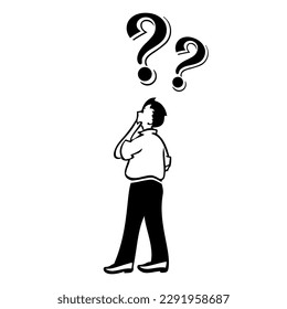 Confused thinking man in doubt, vector cartoon on white background