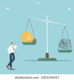 From confused thoughts to brilliant ideas, finding a way out of a difficult situation and solving problems, creative thought process, thinking man near a scales with light bulb and confused thoughts.