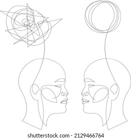 Confused thoughts and clear thoughts concept. Continuous line drawing of two people with a conditional image of mind in the form of a tangled ball and an even one. Vector illustration.