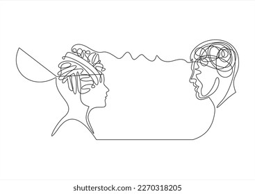 Confused thoughts and clear thoughts concept. Continuous line drawing of two people with a conditional image of mind in the form of a tangled ball and an even one. Vector illustration.