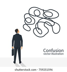 Confused thoughts. Confusion concept. Businessman is holding hands on head. Vector illustration flat design. Isolated on white background.