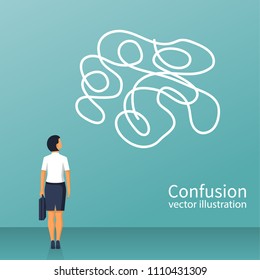 Confused thoughts. Confusion concept. Businesswoman is holding hands on head. Vector illustration flat design. Isolated on white background.
