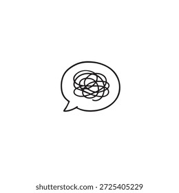 Icono de la burbuja del discurso de los pensamientos confundidos. Ilustración de línea dibujada a mano mínima de mente enredada, ansiedad, pensamiento excesivo y concepto de caos mental.