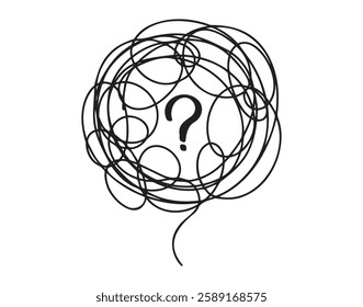 confused thoughts tangle bubble with question mark doodle hand drawn icon. Outline drawing psychological concept of problem solving knot. Vector illustration