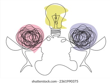 Confused thoughts in their head and questions in their brain. Brainstorm process. New idea, solution concept. Couple communication, relationship.Continuous simple line draw style design graphic.
