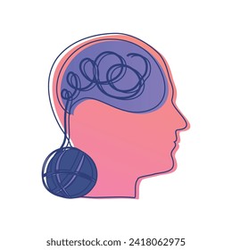 Confused thoughts in your head are wrapped in a ball. Concept of psychology, psychotherapy. Vector illustration