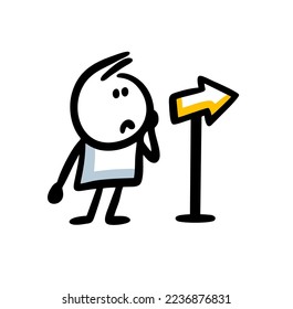 A confused traveler stands in front of a pointer and chooses the direction of the path. Vector illustration of doodle stickman figure.