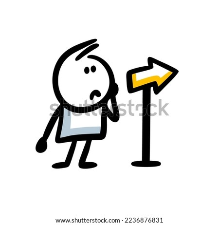 A confused traveler stands in front of a pointer and chooses the direction of the path. Vector illustration of doodle stickman figure.