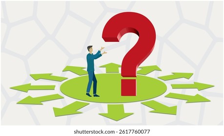 Confused and uncertain man in difficult choice. Dimension 16:9. Vector illustration.