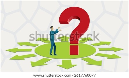 Confused and uncertain man in difficult choice. Dimension 16:9. Vector illustration.