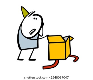 Confused and unhappy child looks into a gift box. Vector illustration, bad surprise, empty package, the boy is disappointed. New Year, birthday or Christmas.Isolated doodle character on white.