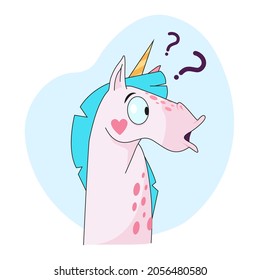 Etiqueta de carácter de caricatura de unicornio confusa. Emoticon de caballo de hadas haciendo preguntas de perfil, animal con ilustración de vector plano de cuerno aislado sobre fondo blanco. Cuento de hadas, concepto de confusión