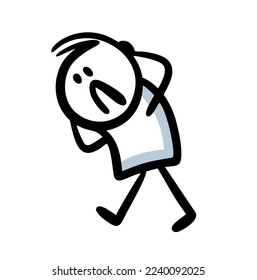 A confused and upset man walks in a panic with his head in his hands. Vector illustration of sad stickman with troubles and problems.