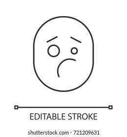 Confused upset smile linear icon. Thin line illustration. Bad mood. Contour symbol. Vector isolated outline drawing. Editable stroke