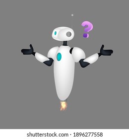 Confused white flying robot. The bot makes a helpless gesture. Vector.