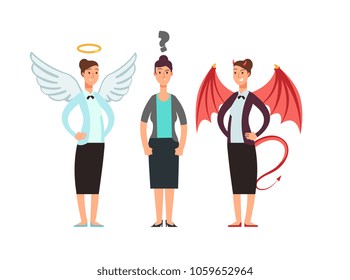 Confused woman with angel and devil over shoulders. Business ethics vector concept. Angel and demon, woman, choice illustration
