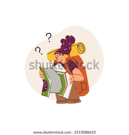 Confused woman backpacker hold map tracking route, get lost in wilderness nature. Frustrated female tourist search direction on paper plan. Hiking travel concept. Vector flat illustration