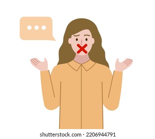 Confused Woman cannot speak and keep silence. Girl with Red Cross Mark on mouth. Censorship, speech freedom, idea concepts. Flat cartoon vector illustration Isolated on white background.