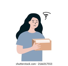 Confused woman character receives wrong parcel. Customer hand holding package brought from online shop. Delivery service, couriers, transportation concept. Flat cartoon isolated vector illustration