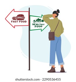 Confused Woman Character Stands At The Crossroads, Contemplating The Choice Between Healthy And Unhealthy Foods, Each Path Offering Its Own Set Of Consequences. Cartoon People Vector Illustration