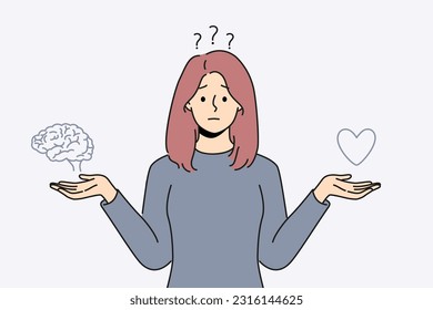 Las mujeres confundidas eligen entre el corazón y el cerebro. Una chica frustrada toma una decisión entre las emociones y la razón. Ilustración vectorial. 