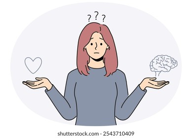 Confused woman choose between heart and brain. Frustrated girl make decision between emotions and reason. Vector illustration.
