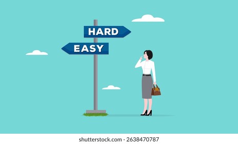 Confused woman chooses an easy career path with small results or a hard career path with big results, make a decision to choose a career path