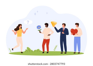 Confused woman choosing partner while three men offer flower, diamond and heart, concept of relationship priority, dating decision, love or money isolated on white background vector illustration