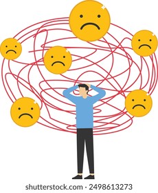 Confused woman with a cloud of negative emoticons above his head. Support relief anxiety or depression. Mental health treatment or psychology support. Vector illustration

