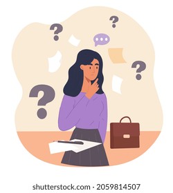 Confused woman concept. Pensive girl sits and props her head with her hand. Life questions, uncertainty. Frustration, problem, solve. Cartoon flat vector illustration isolated on white background