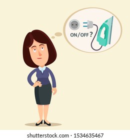 Confused Woman Don't Remember Iron Is Turn Off Or On. Did I Forget To Turn Off Iron? Memory Disorder, Disease. Vector Illustration, Flat Design Cartoon Style. Isolated Background.