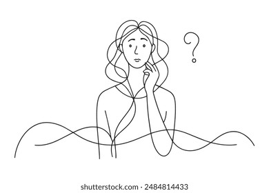 Confused woman doubts and thoughts, continuous line art vector illustration